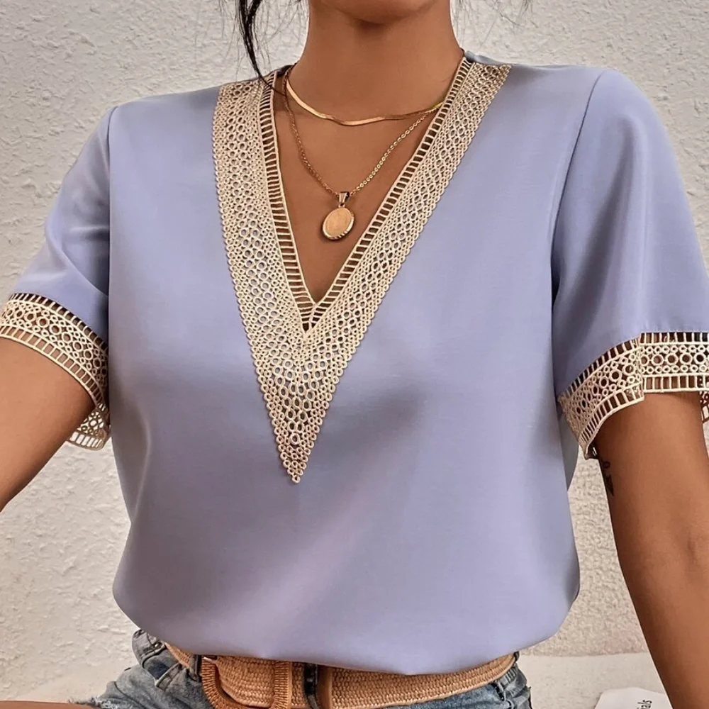 Bohemian Royal Blue V neck Lace Solid Minimalist Blouse - Picture 13 of 13